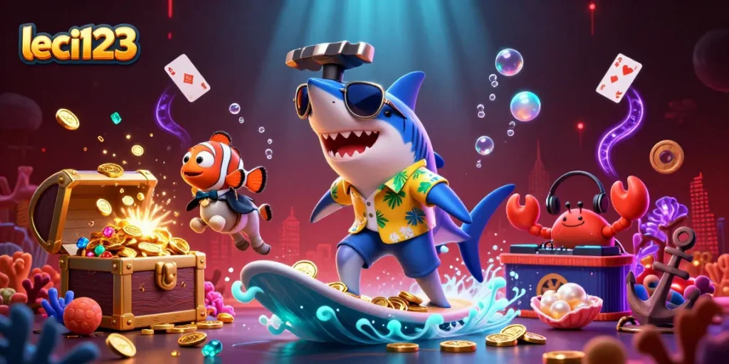 Experience immersive gaming excitement with leci123 as the shark surfs a gold coin wave