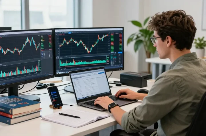 Trader analyzing currency charts on MT4 platform in a modern office