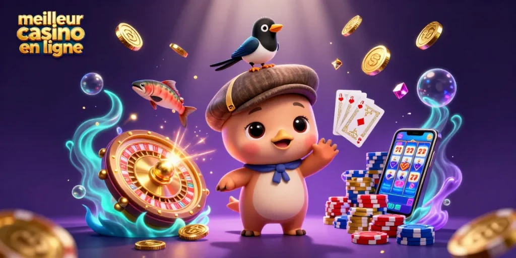 Plongez dans l'univers du meilleur casino en ligne avec une illustration festive de Nessie, des pièces d'or et des cartes.