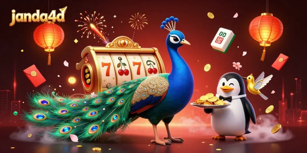Visualisasi janda4d yang menarik dengan burung merak dan penguin pelayan, penuh dengan elemen kasino.