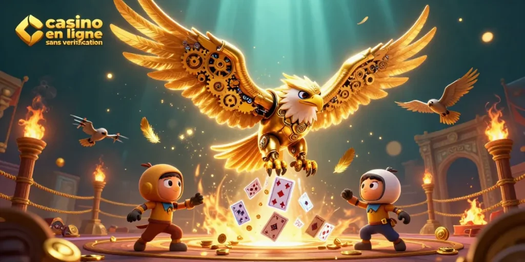 Illustration dynamique d'un casino en ligne sans vérification, avec un aigle cybernétique dans un environnement de jeu.