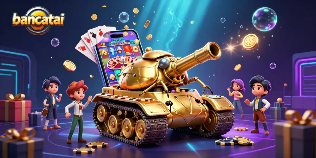 Bancatai showcases an engaging casino scene with a golden beetle tank and vibrant gaming elements.
