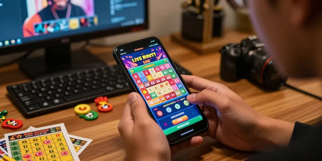 User enjoying jnetoto live draw on mobile device in a cozy gaming space, surrounded by lottery paraphernalia.