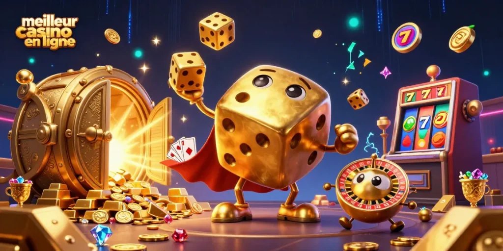 Profitez des jeux au meilleur casino en ligne avec des dés géants, des roulettes scintillantes et des trésors d'or.