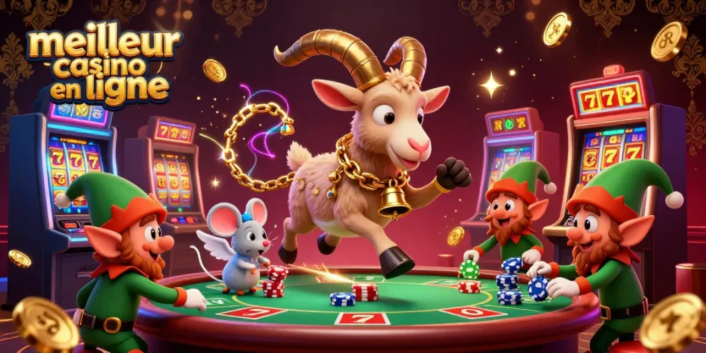 Une illustration 3D animée représentant un meilleur casino en ligne avec un Krampus, une souris ange et des gremlins volants.