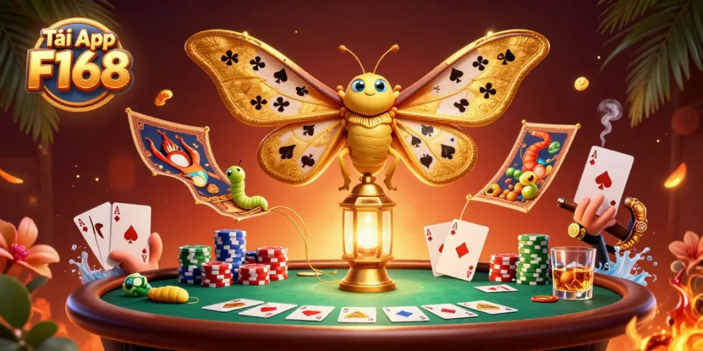 Tải App F168 to engage with a vibrant casino scene featuring a majestic atlas moth amid poker action.