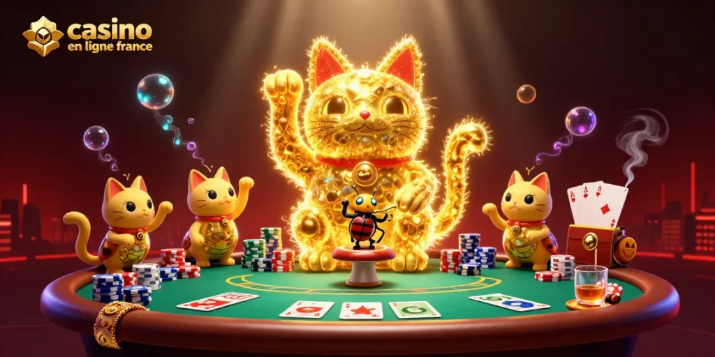 Un chat porte-bonheur en forme de feu follet dans un casino en ligne France animant une partie de poker.