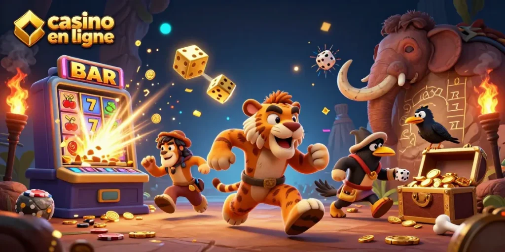 Découvrez l'excitation du casino en ligne avec des personnages colorés et des jeux dynamiques, illustrant un monde de chance.