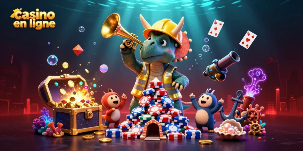 Illustration festive d'un triceratops et d'un parasaurolophus célébrant dans un casino en ligne, entourés de jeux d'argent