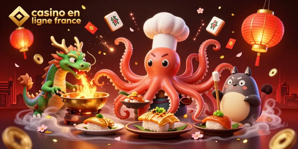 Illustration 3D colorée de casino en ligne France avec un chef sushi pieuvre, un dragon, et un client tanuki jouant.