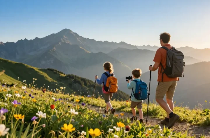 A family adventure exploring nature together in a mountain landscape, highlighting mantra88's community journey.