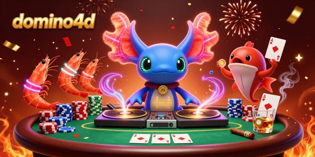 Mengambil bagian dalam permainan domino4d dengan DJ axolotl neon dan suasana kasino yang synchron dan meriah