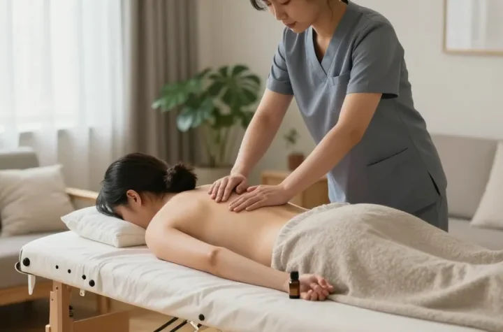 Experience a soothing 의정부출장마사지 service in a cozy home setting, highlighting relaxation and professionalism.