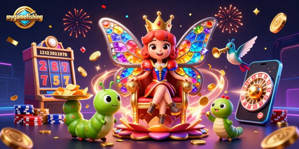 Engaging mygamefishing theme with a butterfly queen in a casino scene, lots of vibrant gambling elements.