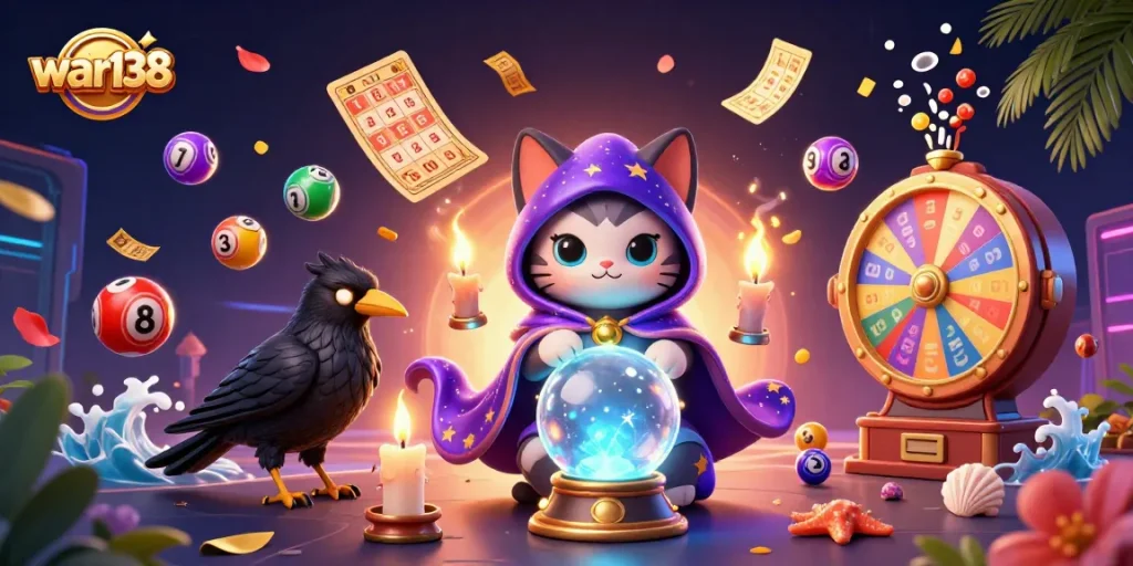 Engage with war138's exciting games featuring a mystical cat, spinning lottery elements, and vibrant casino energy.