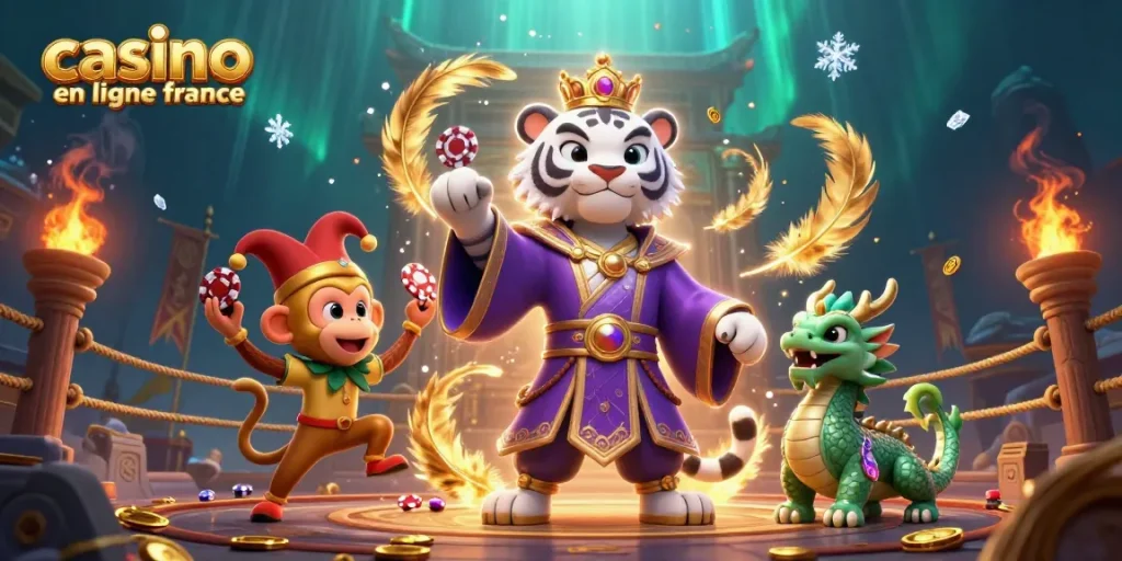 Jouer au casino en ligne France avec un tigre élégant, un singe jongleur et un dragon jade.