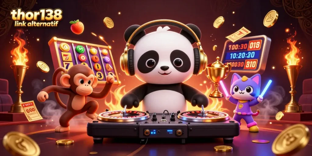 Putaran slot dengan thor138 link alternatif, panda DJ dan kucing bersinar di kasino penuh warna.