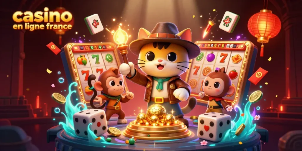 Le chat explorateur découvre un artefact de casino en ligne France, entouré de nombreux jeux et lumières.