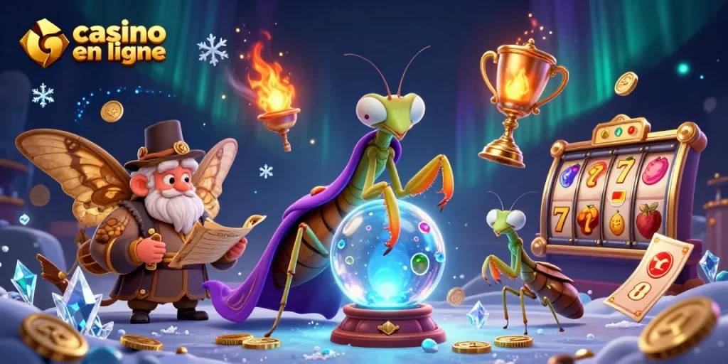 Vibrez l’univers des jeux de casino en ligne avec notre illustration captivante mettant en scène des personnages mystiques.