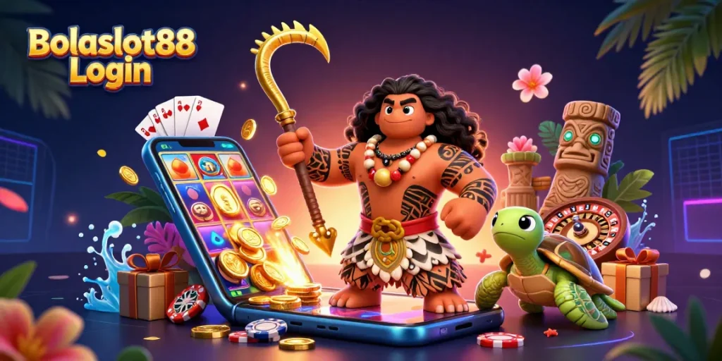 Bolaslot88 Login showcases vibrant 3D characters amid colorful slot game elements, perfect for online gaming entertainment.