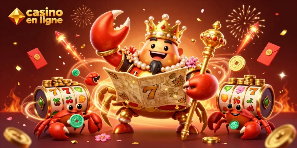 Vivez l'expérience du casino en ligne avec un empereur crabe doré entouré de jeux de machines à sous.
