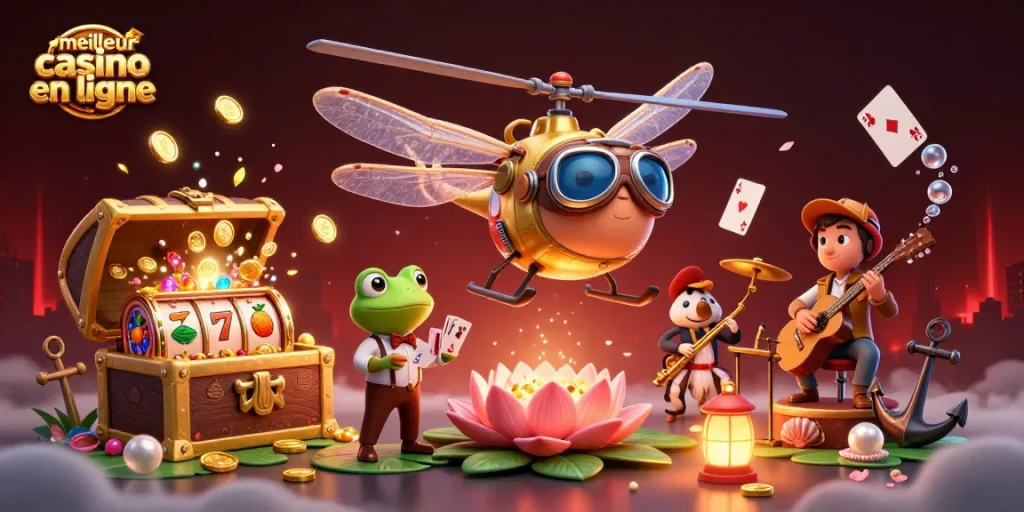 Visualisez "meilleur casino en ligne" avec un pilote libellule dans un casino de nénuphar, une ambiance vibrante.