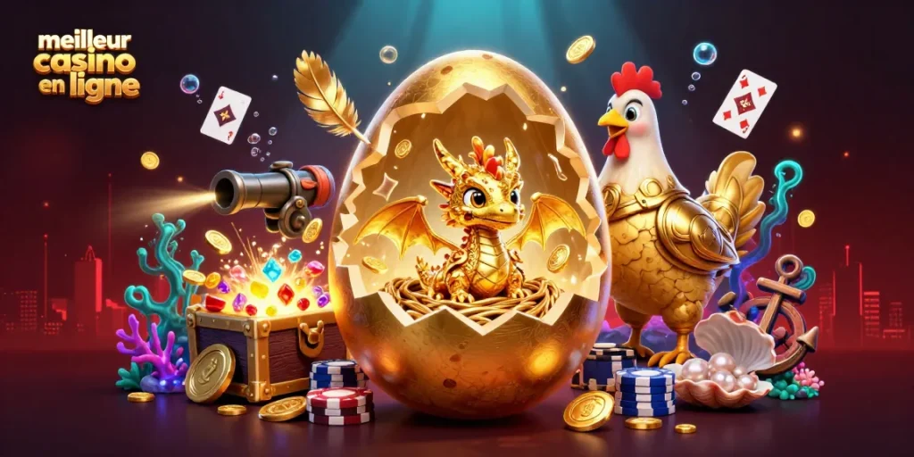 Le meilleur casino en ligne attire avec une illustration de dragon doré et des jetons de poker.