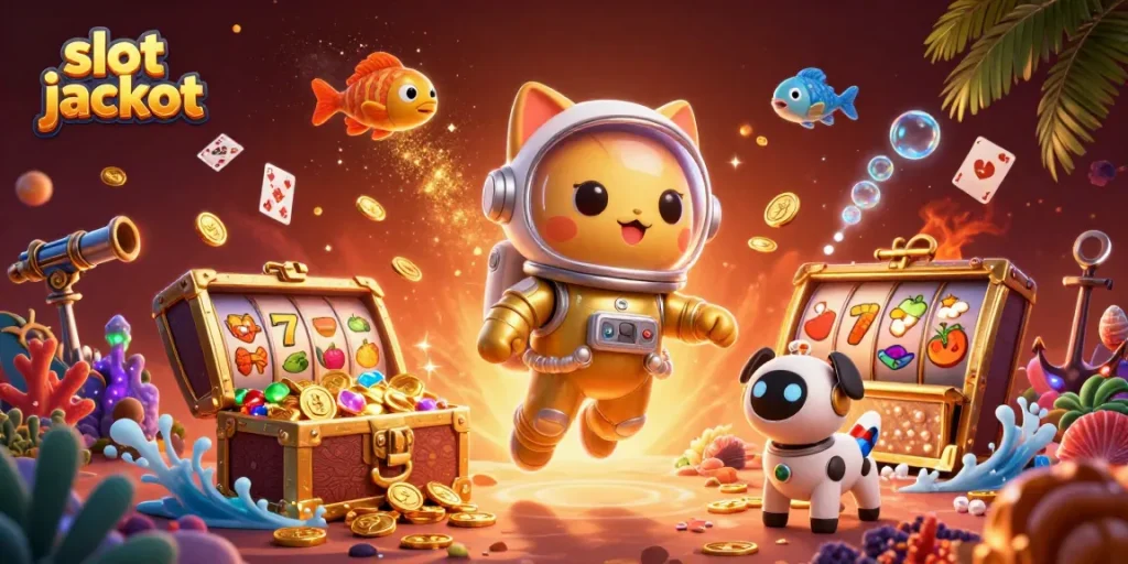 Join the fun with slot jackpot excitement as a floating cat and robot dog discover treasures!