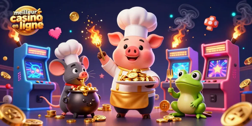 Venez découvrir le meilleur casino en ligne avec cette scène dynamique pleine de jeux et de personnages animés.