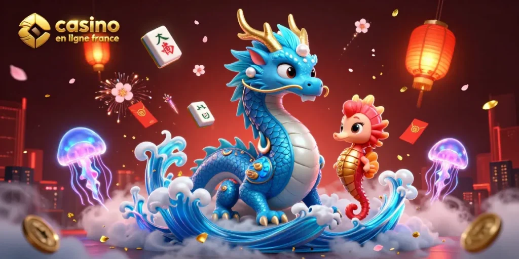 Plongez dans l'univers captivant du casino en ligne France avec un dragon aquatique et des symboles tourbillonnants.
