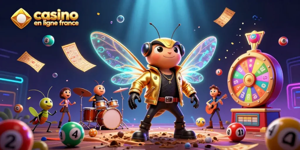 Jouer au casino en ligne France avec des personnages colorés et ludiques dans une scène animée.