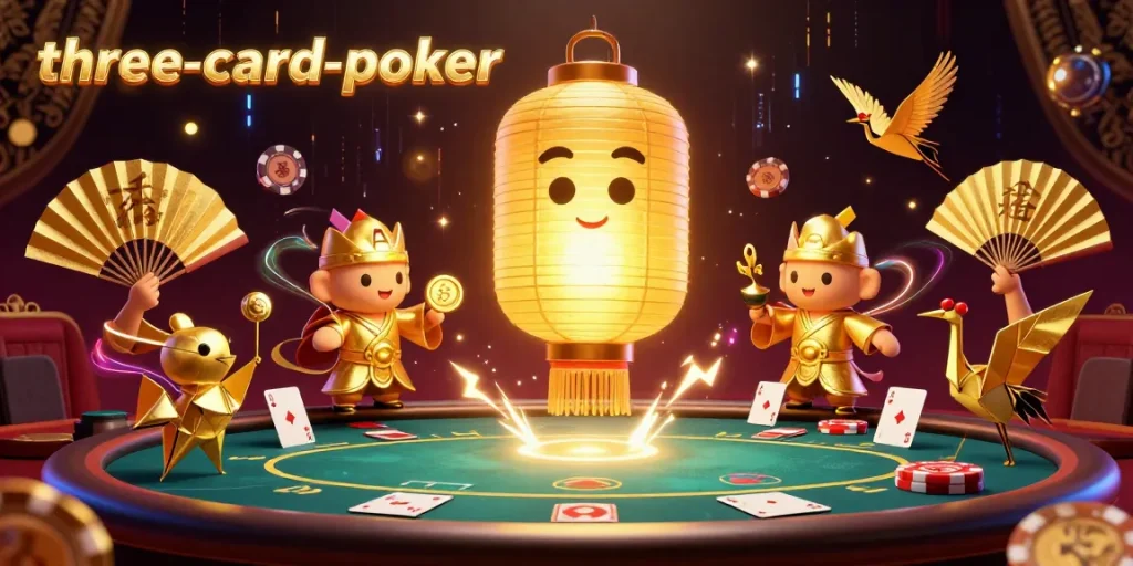 Experience the excitement of three-card-poker with vibrant poker elements and dynamic characters.
