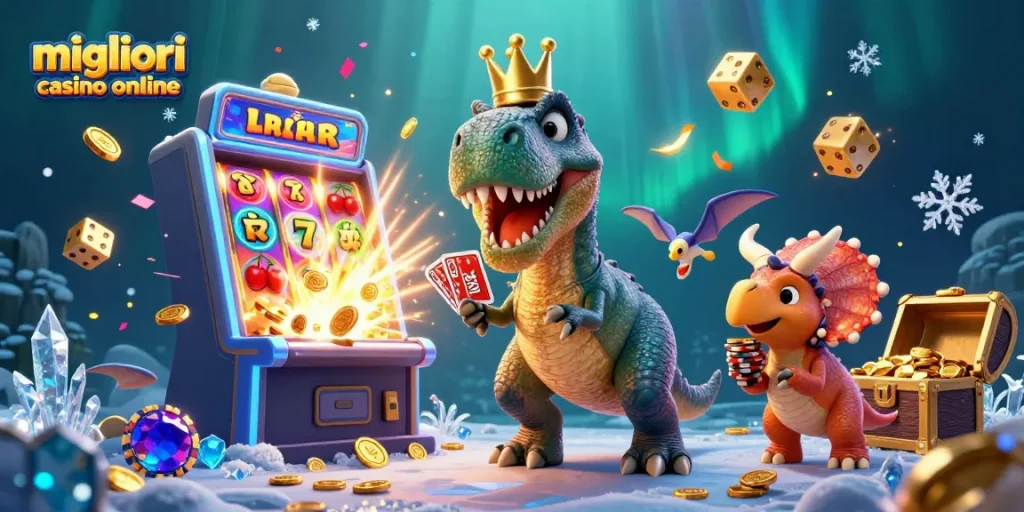 Dimostra le migliori strategie nei migliori casino online con un T-Rex, un pterodattile e un triceratopo animati.
