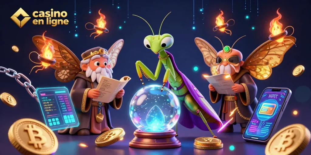 Image dynamique de casino en ligne avec un caméléon, un papillon et des oracles lumineux, entourés de pièces de crypto-monnaie.
