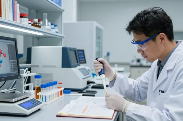 Copper peptide research underway in a scientific laboratory, featuring a scientist analyzing solutions and data.