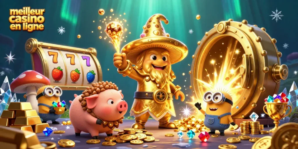 Gagnez au meilleur casino en ligne avec ce magnifique trésor doré et des personnages fantastiques.
