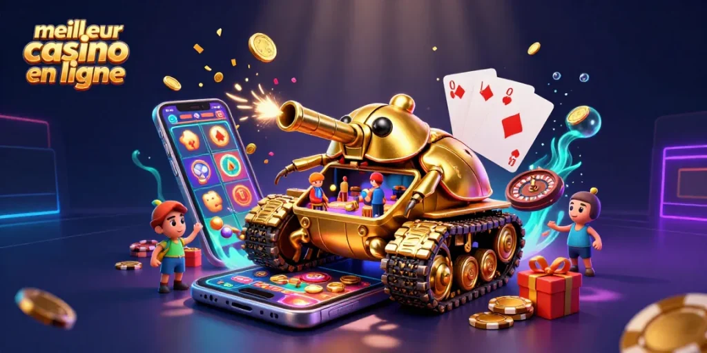 Découvrez le meilleur casino en ligne avec un tank doré et des éléments de jeu vibrants.