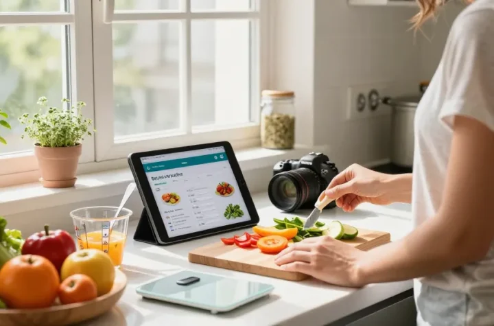 Person using the best food tracker app in a bright kitchen, preparing a healthy meal with fresh ingredients.
