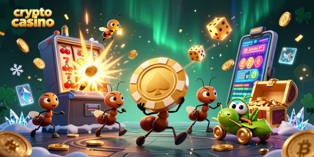 Les fourmis du crypto casino transportent une puce en or à travers un tunnel illuminé.