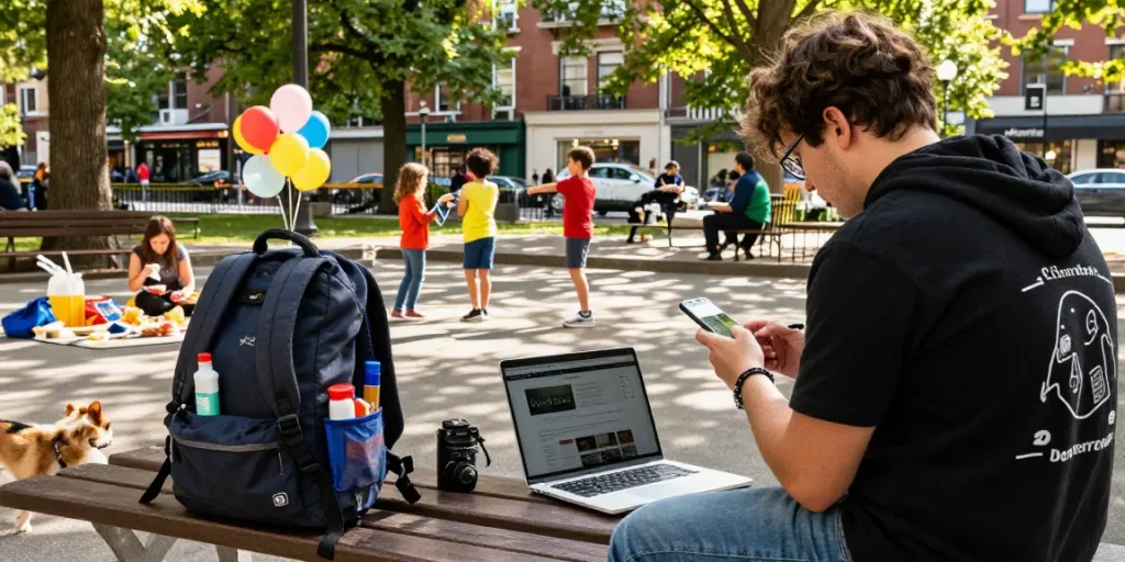 Person using the BedPersonal website on a smartphone in a park setting.