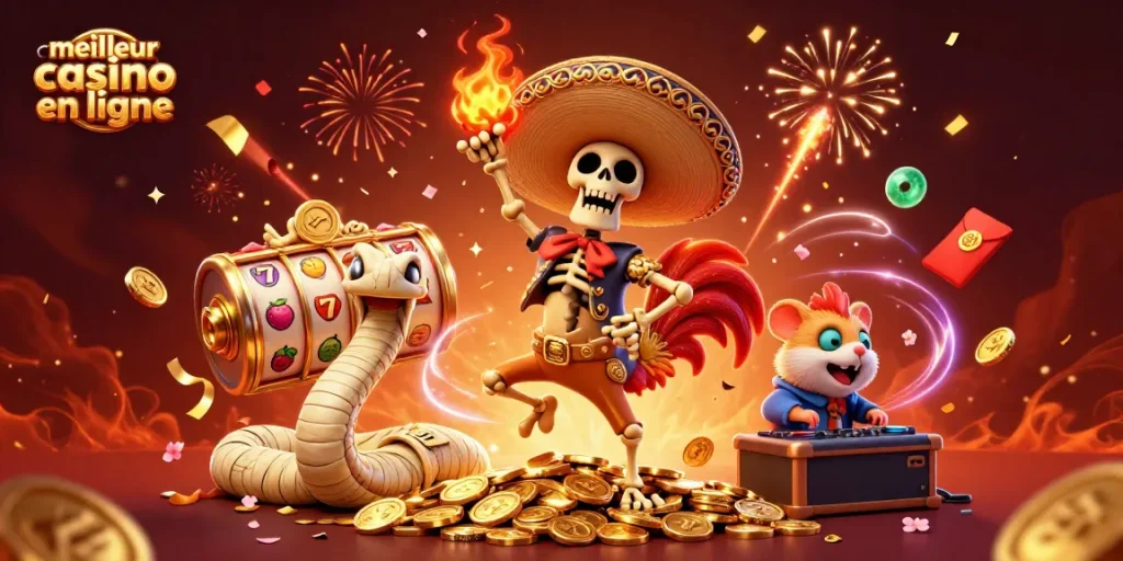 Vivez l'expérience du meilleur casino en ligne avec des personnages de jeux en pleine célébration.