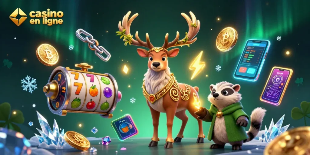 Profitez de l'excitation d'un casino en ligne avec un cerf druidique et des jetons numériques au cœur de l'illustration.