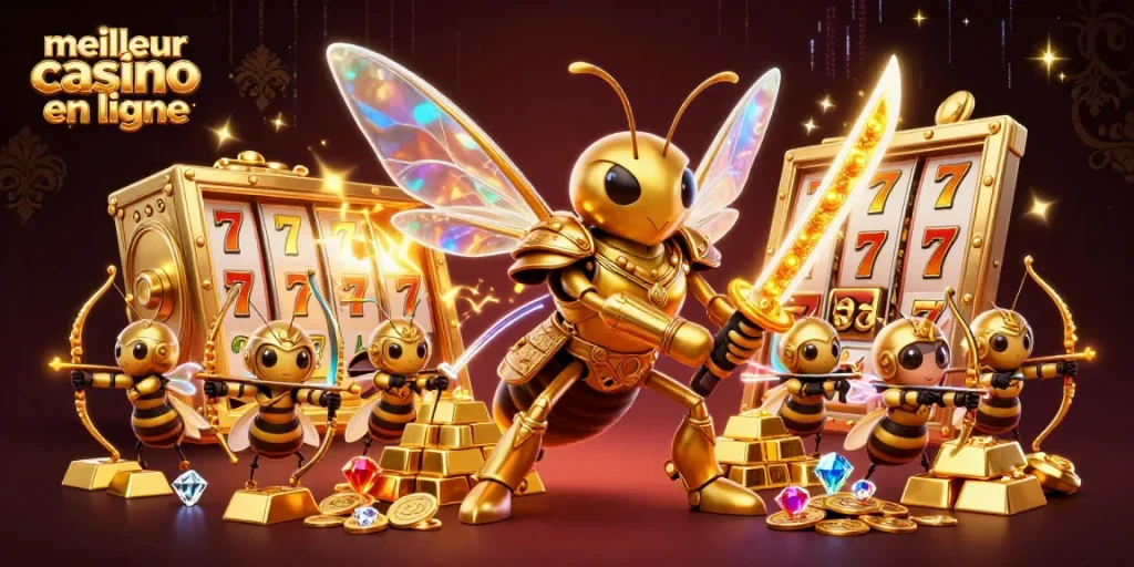 Jouez dans le meilleur casino en ligne avec un hornet en armure et de riches trésors autour.