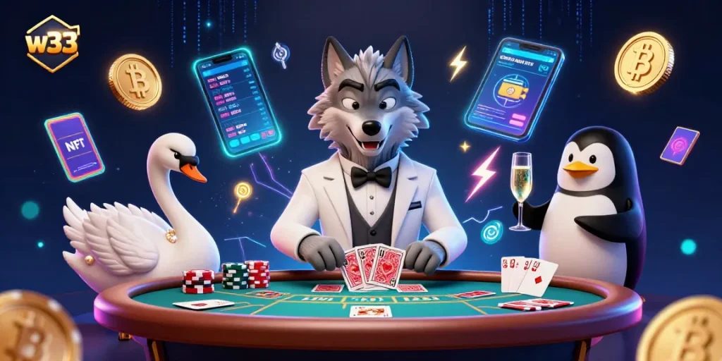 Win exciting matches with W33, featuring interactive characters at a vibrant casino table.