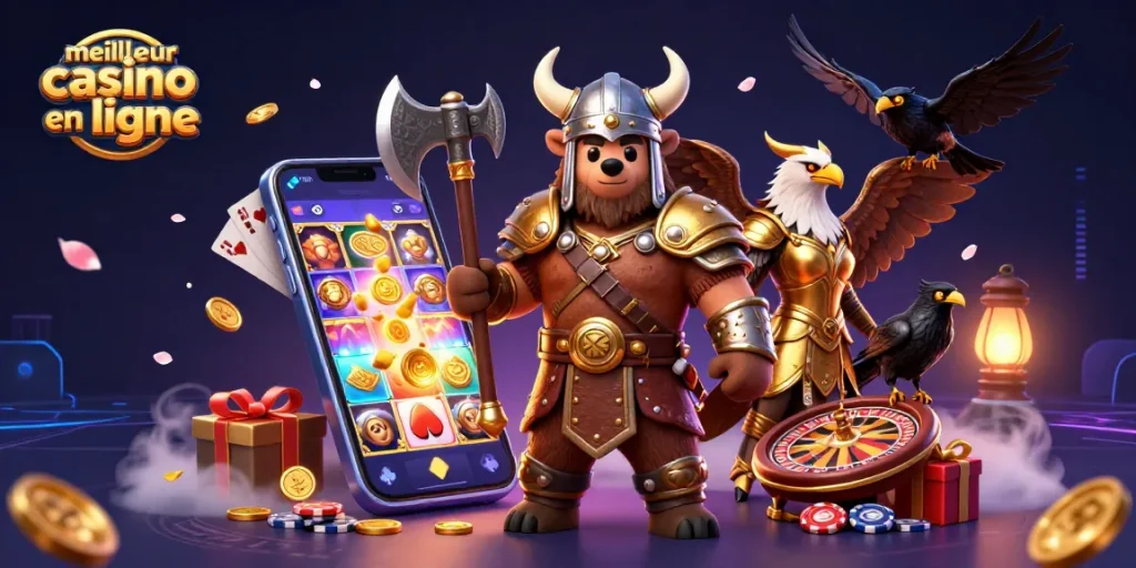 Illustration du meilleur casino en ligne avec un ours viking, une aigle valkyrie et des éléments de jeux colorés.