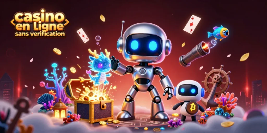 Plongez dans l'expérience d'un casino en ligne sans vérification avec ce robot cyberpunk, un dragon holographique et une machine à bitcoins.