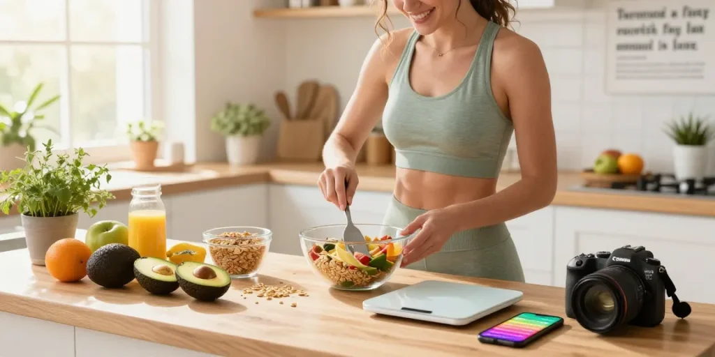 Joyful person using the best calorie tracker while preparing a healthy breakfast in a sunlit kitchen.