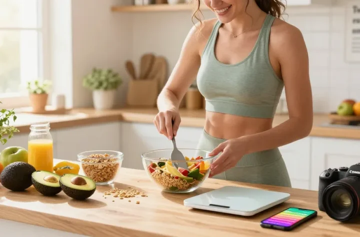 Joyful person using the best calorie tracker while preparing a healthy breakfast in a sunlit kitchen.