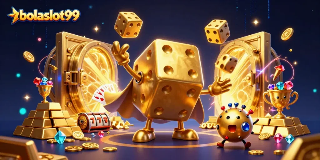 Bolaslot99 showcases a vibrant 3D casino scene with a golden dice golem and slot elements.