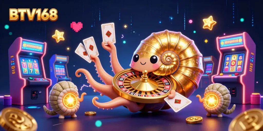 BTV168 showcases an exciting 3D casino scene featuring a nautilus roulette wheel and vibrant game elements.